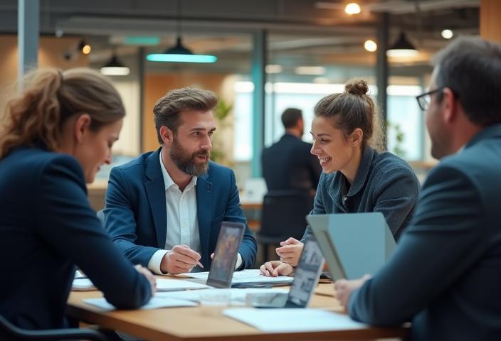 TéléDesign Solutions team working in Lyon office – candid view of modern telecom professionals collaborating